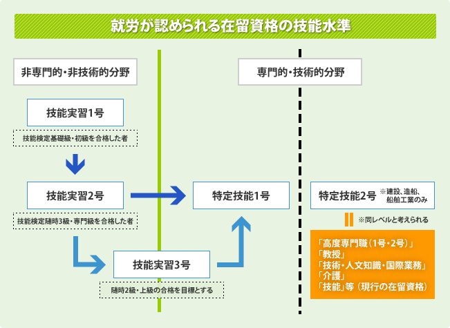 就労が認めらえる在留資格の技能水準