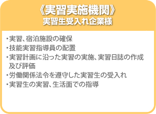 《実習実施機関》 実習生受入れ企業様 ・実習、宿泊施設の確保 ・技能実習指導員の配置 ・実習計画に沿った実習の実施、実習日誌の作成及び評価 ・労働関係法令を順守した実習生の受入れ ・実習生の実習、生活面での指導